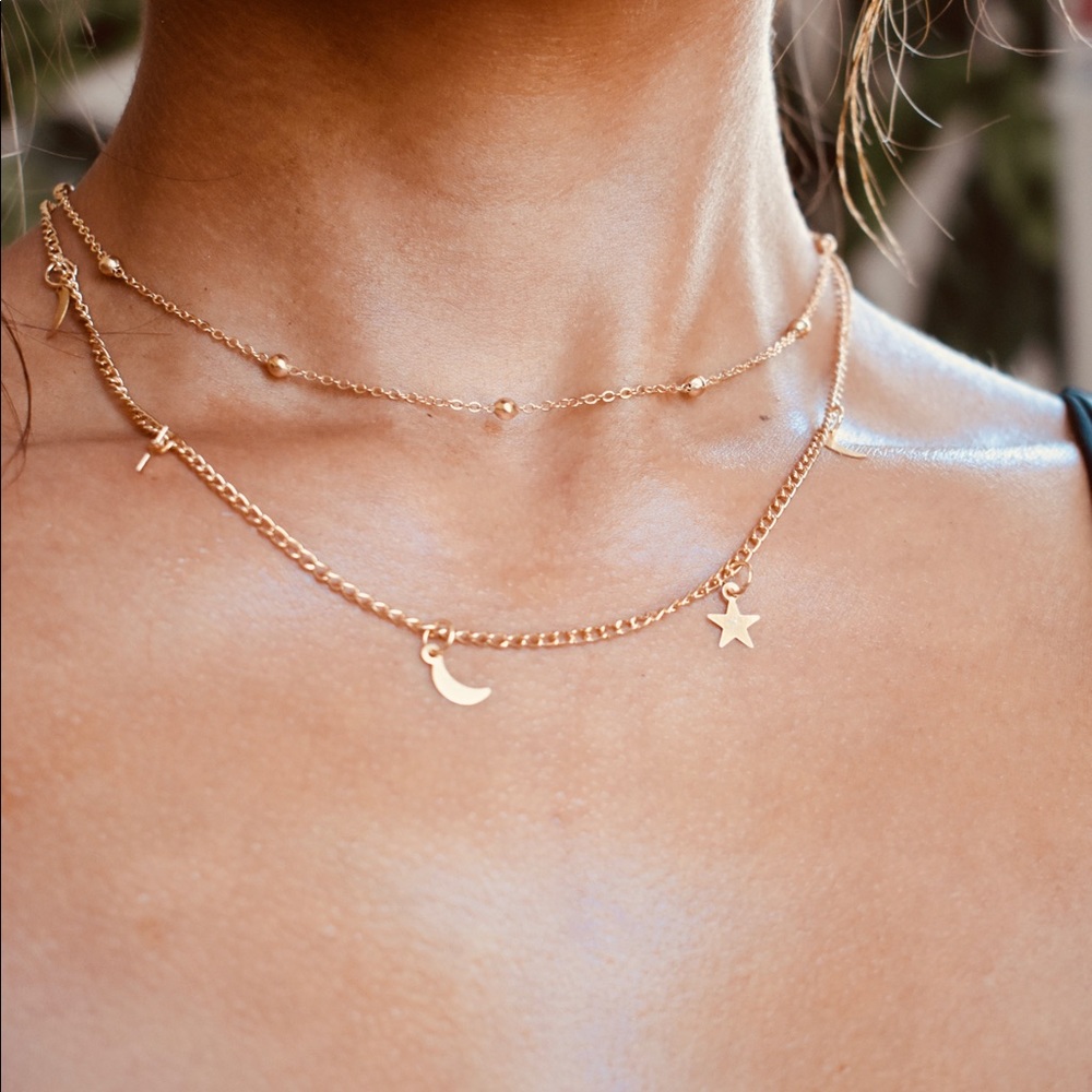 Star and moon double necklace